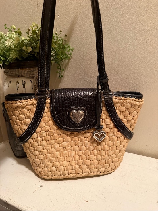 Brighton Handbags - Brighton Natural Straw Tote with Dark Brown Trim and Heart Charm